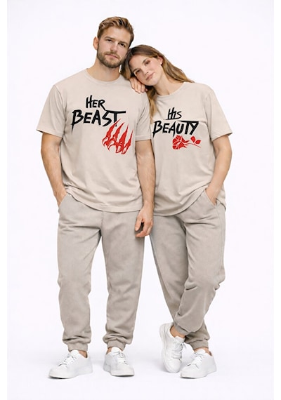 Sevgili Kombini Her Beast His Beauty Oversize Çift Tişört Unisex Bej