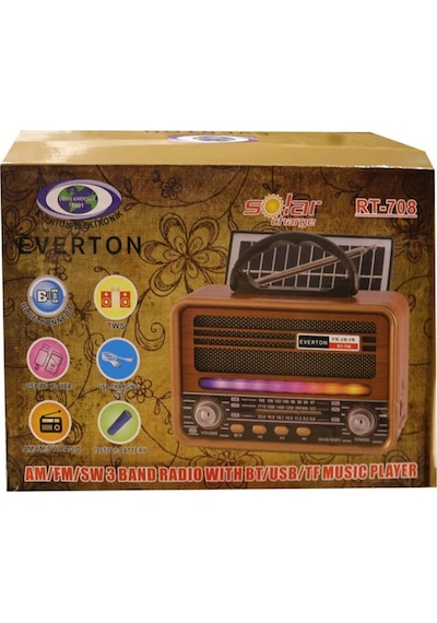 Everton Rt-708 Bluetooth Fm-usb-tf-aux Solarlı Şarjlı Nostaljik Radyo