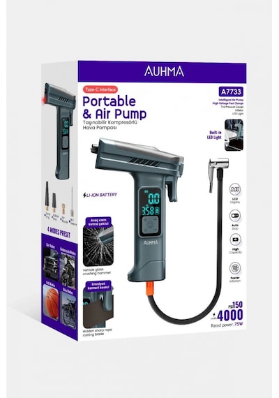Araba Hava Pompası 4 Ü 1 Arada: Kompresör + Cam Kırıcı + Kemer Kesici + Led Işık Şarjlı 4000mah Araç