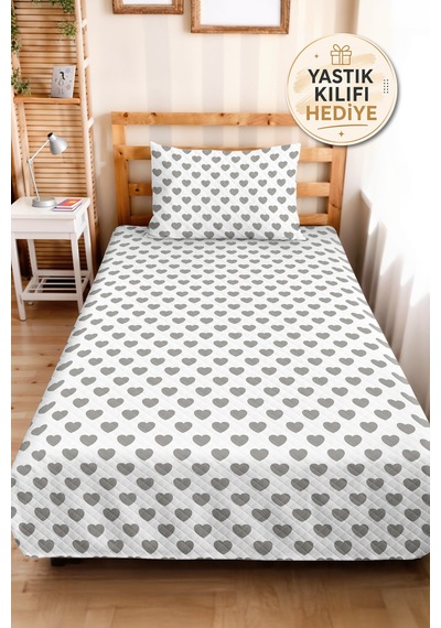 Gri Kalp Modern Genç Odası Tek Kişilik Pike Takımı - Beyaz Minimal 160x220 Cm Kapitone Yatak Örtüsü Bohem Çiçek Aralığı