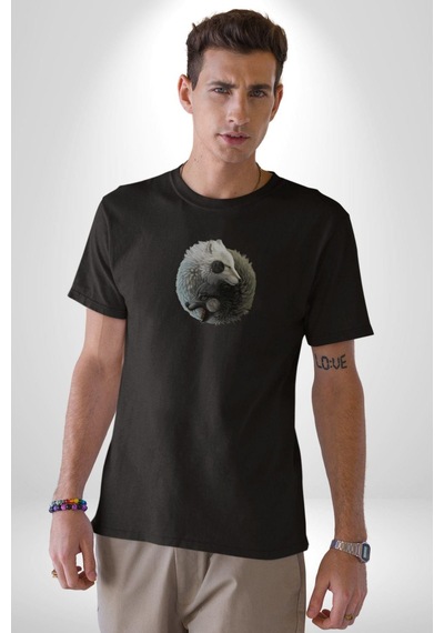 Yin İle Yang Siyah Siyah Kurt Unisex Unisex Siyah Organik Baskılı T-shirt Penye Yüksek Kalite Siyah