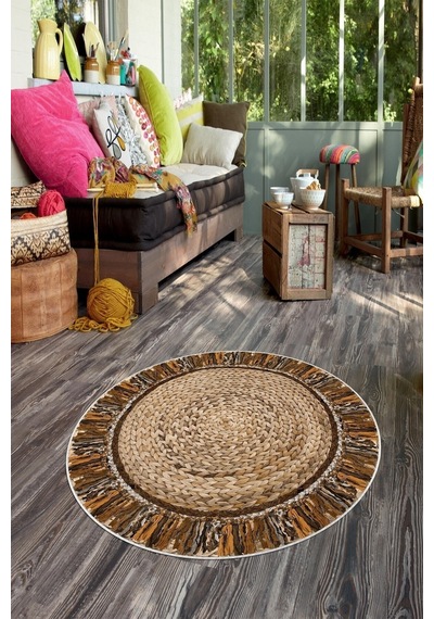 West Home Dijital Baskı Yıkanabilir Kaymaz Taban Yuvarlak Dekoratif Halı Wh 193 Beige