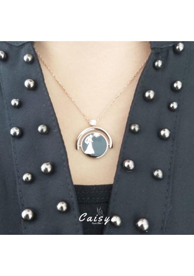 Çift Yönlü Siyah Gelin Damat Teklif Gümüş Kolye-Rose Gold