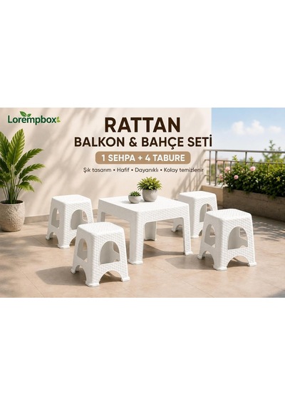 Lorempbox Rattan Balkon & Bahçe Seti 5 Parça 1 Sehpa + 4 Tabure Beyaz Diğer