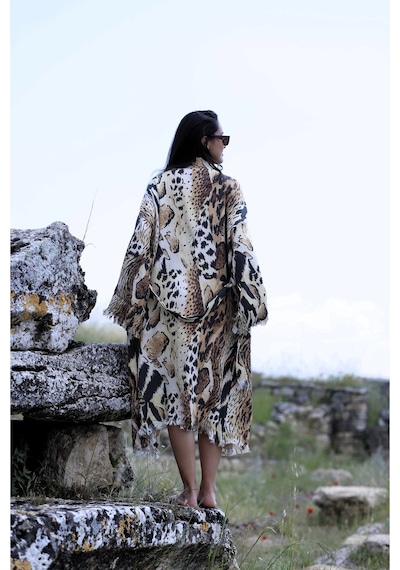 Befera Müslin Kimono Pamuklu Dijital Leopar Baskılı Bornoz Kaftan Sabahlık Kahverengi