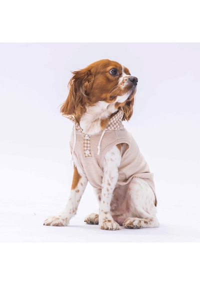 Pawstar Bej Gingham Kapşonlu Kedi Köpek Tişörtü Kedi Köpek Kıyafeti