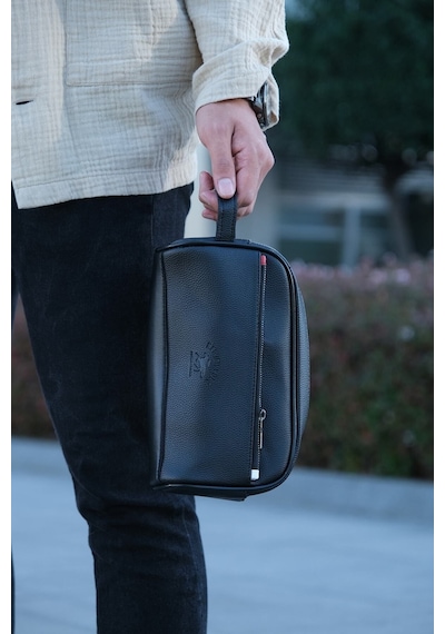Newısh Polo Accessorıes Erkek Siyah Suya Dayanıklı Suni Vegan Deri Traşlık Bakım Seyahat El Çantası Portföy/clutch Siyah