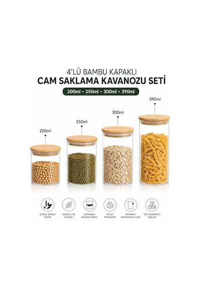 Bambu Kapaklı Cam Saklama Kavanozu Seti, 4&apos Lü, 200ml, 250ml, 300ml, 390ml, Borosilikat Cam, Sızdırmaz Silikon Conta 7009 Bambu Kapaklı Cam Saklama Kavanozu Seti, 4&apos Lü, 200ml, 250ml, 300ml, 390ml, Borosilikat Cam, Sızdırmaz Silikon Conta 7009