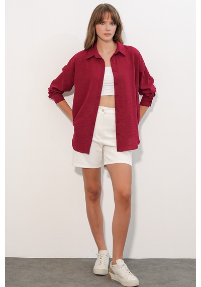 Bigdart Kadın Oversize Keten Gömlek 20338 - Bordo