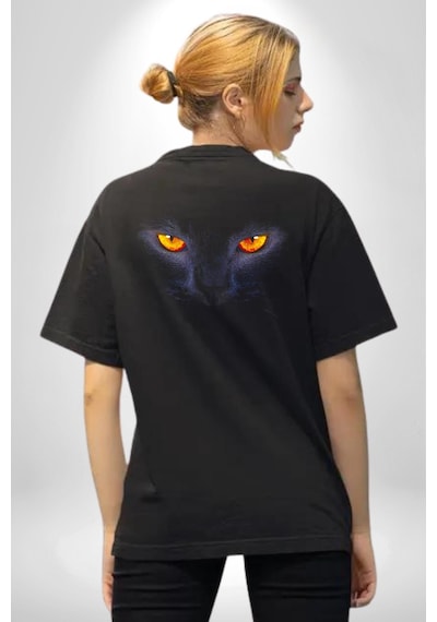 Siyah Kedi Gözler Ateş Pamuklu Unisex Oversize Sırt Dijital Baskılı Siyah T-shirt Siyah