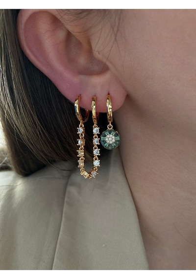 Pinery Jewels Yeşil Taşlı Taşlı Sallantılı 3'lü Altın Kaplama Kadın Küpe Seti Altın