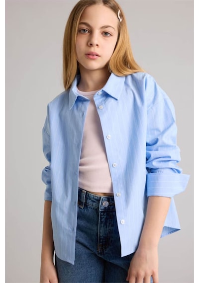 Defacto Poplin Gömlek Kız Çocuk H0578a826smbe216 Mavi-be216