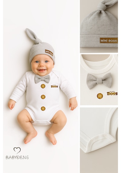 Babyden's Mini Boss Papyonlu Erkek Bebek Body Seti Şapkalı Yenidoğan Bebek Body-zıbın Takım Gri
