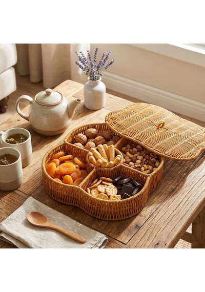 Kılıf Kapaklı 5 Bölmeli Plastik Rattan Organizer Kutu Hasır Desenli Çok Amaçlı Saklama Ve Sunum Sepeti Çerezlik