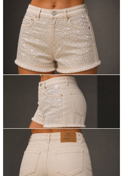 Cedy Denim Cedy Denım-kadın Normal Bel Likralı Taş Detaylı Püsküllü Denim Şort E7025 Bej