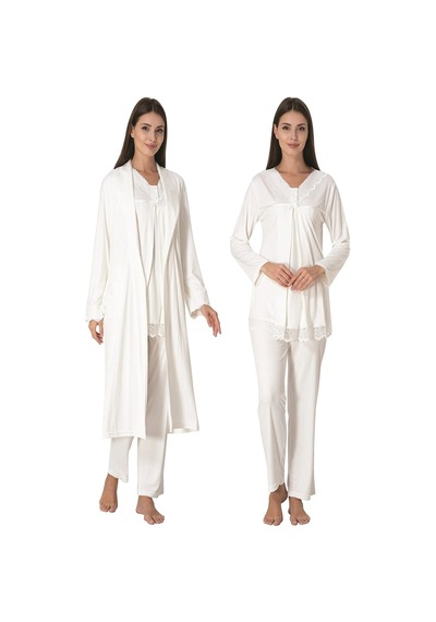 Effortt Dvina Lohusa Hamile Sabahlıklı Ve Dantelli Yakalı Pijama Takımı - 3'lü Set - Ekru Ekru