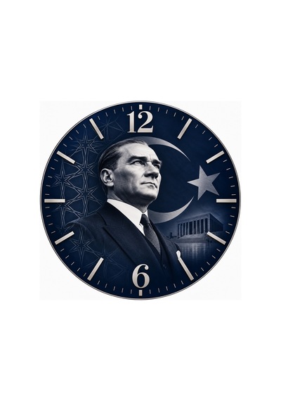 Atatürk Temalı 45 Cm Ahşap Sessiz Akar Mekanizmalı Uv Baskılı Dekoratif Duvar Saati Hediyelik 1092 Çok Renkli