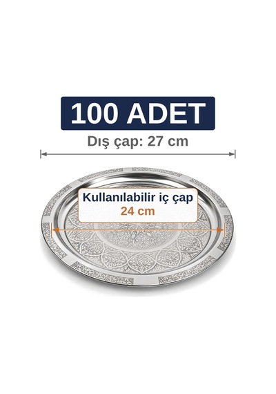 Binbir Trend 27 Cm Otantik Desenli Krom Çelik Kebap, Izgara, Meze Ve Servis Tabağı 100 Adet