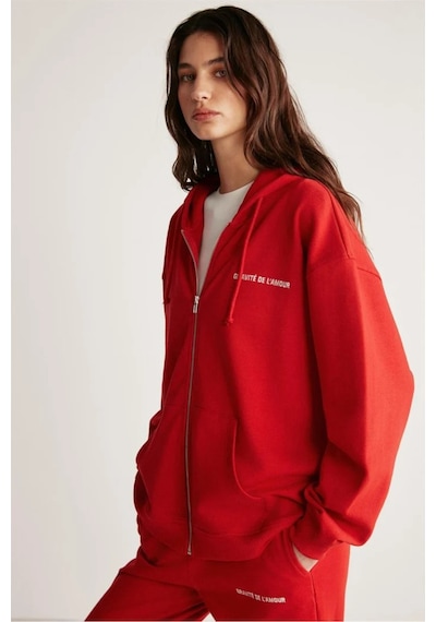 Grimelange Ametıs Kadın Oversize Organik Pamuklu Metal Fermuarlı Kapüşonlu Kırmızı Sweatshirt Grimelange Ametıs Kadın Oversize Organik Pamuklu Metal Fermuarlı Kapüşonlu Kırmızı Sweatshirt