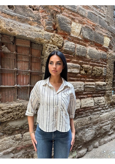 WeShaya Laci Çizgili Cepli Uzun Kollu Gömlek Lacivert