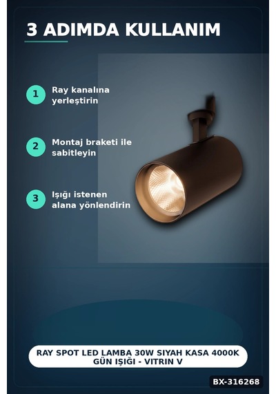 Ray Spot Led Lamba 30w Siyah Kasa 4000k Gün Işığı - Vitrin Ve Mağaza Aydınlatması Tekli Bx-316268 Diğer