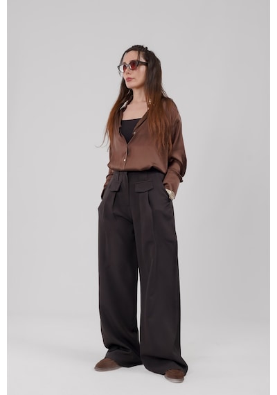 Mayrem Kadın Kemerli Pileli Yüksek Bel Geniş Paça Pantolon Siyah