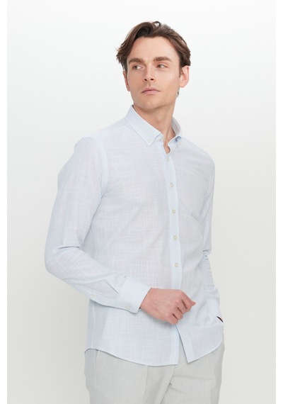 Ac Sports Erkek Mavı %100 Pamuk Slim Fit Düğmeli Yaka Armürlü Flamlı Gömlek Mavı