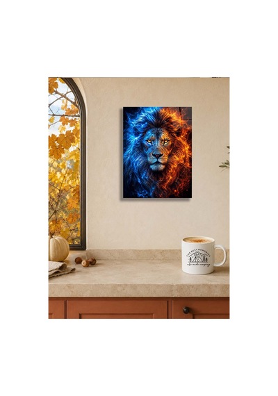 Ateş Ve Buz Aslan A3 Metal Poster Mavi Turuncu Alevli Aslan Portresi Dekoratif Duvar Tablosu Çok Renkli - 937547502 Çok Renkli - 937547502 Çok Renkli
