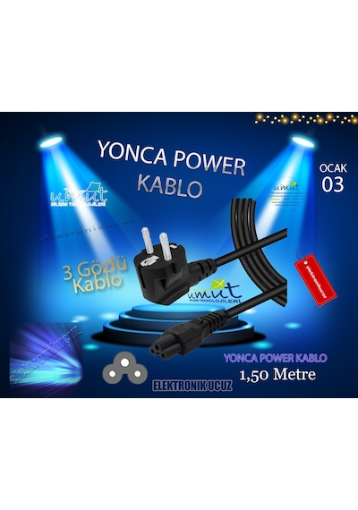 Notebook Laptop Şarj Adaptörü 3Lü Yonca Power Kablosu Güç 1.5 Mt