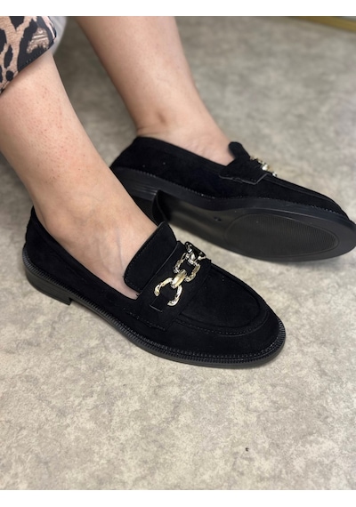 Günlük Kadın Loafer Makosen Klasik Alçak Topuklu Desenli Taban Zincirli Oval Burunlu Ayakkabı 150 Siyah - Süet