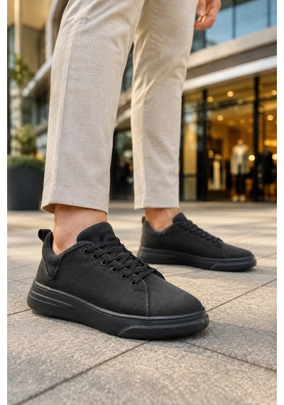 Mevese Ont Bağcıklı Keten Dokulu Hafif Taban Erkek Günlük Casual Sneaker Ayakkabı - Siyah