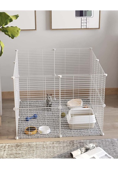 Hodbehod 16 Panel Beyaz Hayvan Oyun Kafesi Portatif Modüler Kedi Kuş Evcil Hayvan