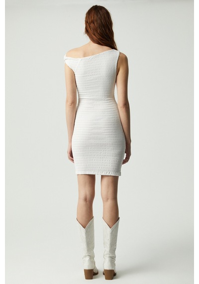 Ethıquet INNSA Kadın Bürümcük 3 boyutlu Kumaşlı Tek Omuzlu Bodycon Ekru Elbise