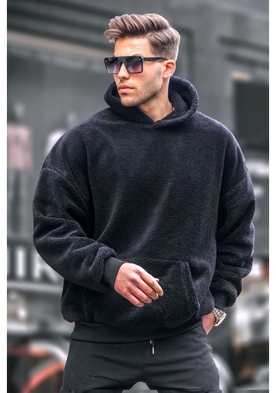 Madmext Siyah Peluş Kapüşonlu Erkek Sweatshirt 6050 Siyah