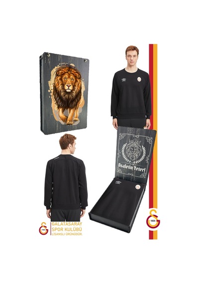 Galatasaray Lisanslı Sıfır Yaka Siyah Sweat Gs Aslan Baskılı Ahşap Kutulu Siyah