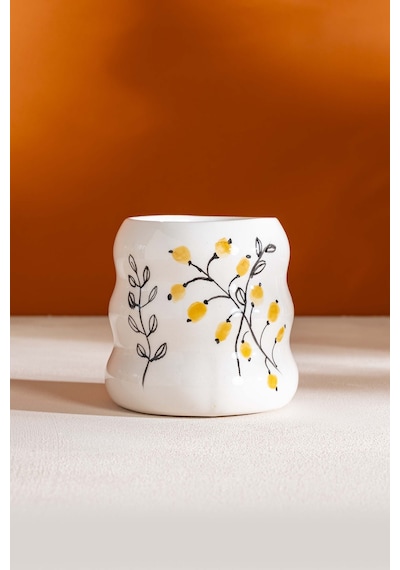 Rivaistanbul Sarı Çiçekler Amore El Yapımı Seramik Double Kahve Bardağı Mug Kupa Krem
