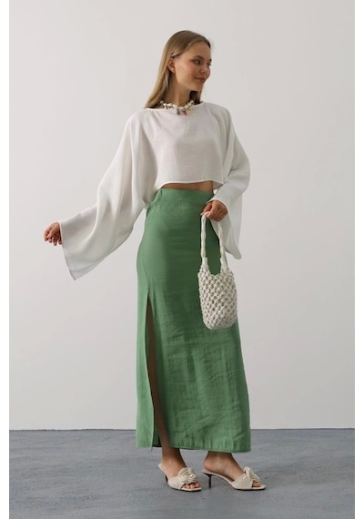 Defymoda Yarasa Kollu Crop Bluz - Beyaz Beyaz