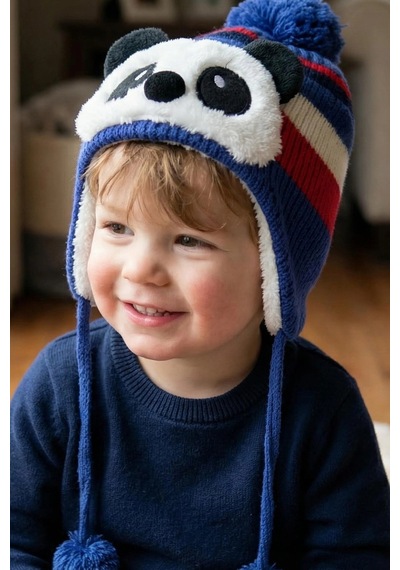 Bay Şapkacı - Sevimli Panda Tasarımlı Unisex Çocuk Kışlık Bere - 5900 Mavi