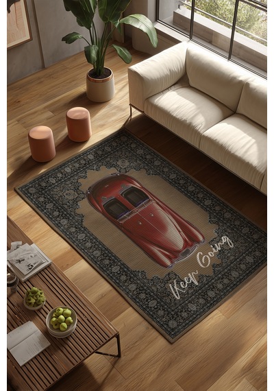 Retro 103 Bej Kırmızı Vintage Retro Araba Keep Going Yazılı Tasarım Halı Salon Oturma Ev Oda Halısı