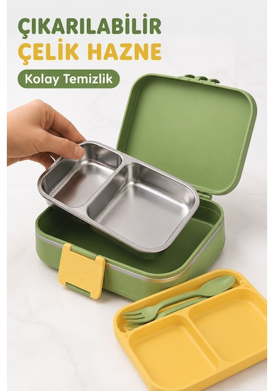 Happi Dinozor Paslanmaz Çelik Bölmeli Beslenme Kutusu 1030 Ml Çatal Kaşık Dahil Yeşil