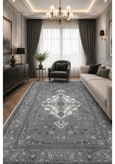 Gri Antrasit Klasik Madalyon Desenli Dekoratif Salon Halısı 3044-4