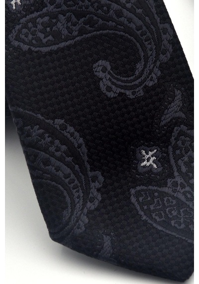 Gaffy Gri Şal Desenli Siyah Dokuma Kumaş Mendilli Slim Fit Kravat // Sdk-2604-3 Gri