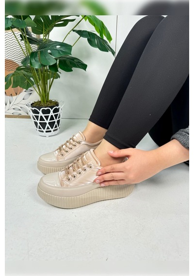 Günlük Kadın Sneaker Taşlı Bağcıklı Tırtıklı Kalın Taban Rugan Oval Burunlu Hafif Spor Ayakkabı 77504 Bej Günlük Kadın Sneaker Taşlı Bağcıklı Tırtıklı Kalın Taban Rugan Oval Burunlu Hafif Spor Ayakkabı 77504 Bej