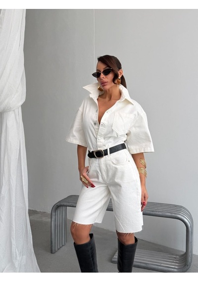 Herton Kadın Düğmeli Cep Detaylı Denim Bermuda Şort Tulum
