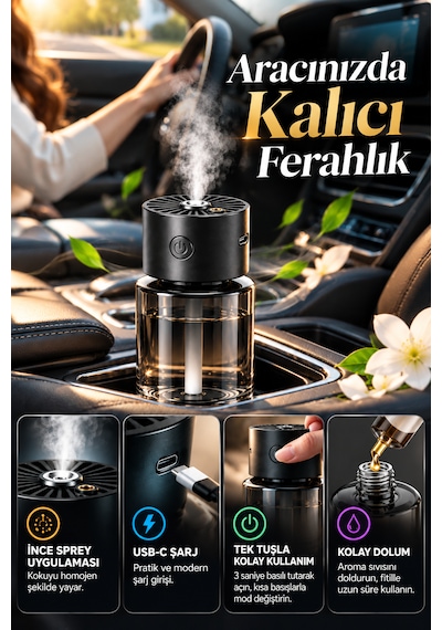 Otomatik Sprey Araç Kokusu Hareket Sensörlü 3 Modlu Usb-c Şarjlı Aroma Difüzörü Dx5