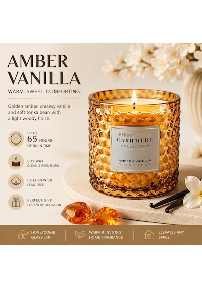 Tr Amber & Vanilya Kokulu Mum, Doğal Soya Mumu,% 100 Pamuk Kurşunsuz Fitil, Ev Kokulu Mumlar, 10oz 65 Saat Yanma Süre Genel