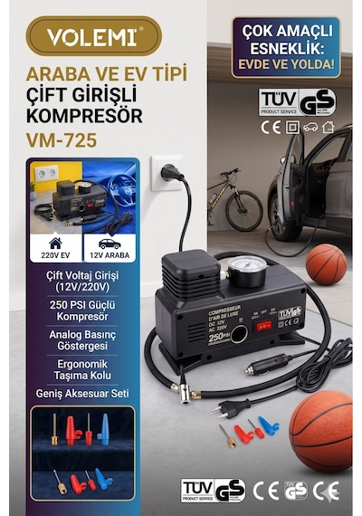 Volemi Vm-725 Çift Girişli 12v/220v 250 Psı Ev Ve Araç Uyumlu Hava Kompresörü Lastik Şişirme Pompası