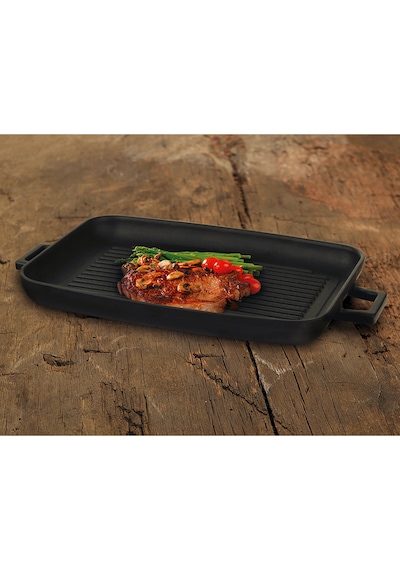 Lava Döküm Grill Tepsi. Izgara Yüzeyli. Metal Kulplu. Ahşap Stand
