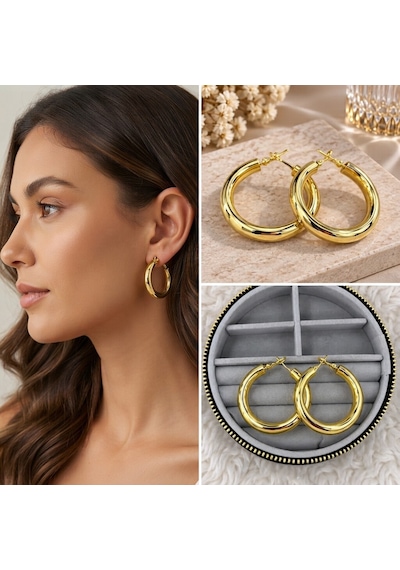 Premium Parlak Ve Şık Gold Renk Büyük Boy Halka 316l Çelik Kadın Küpe Altın