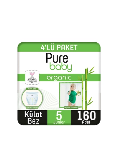 Pure Baby Organik Bambu Özlü Külot Bez 5 Numara Junior 4 x 160 Adet 4'lü